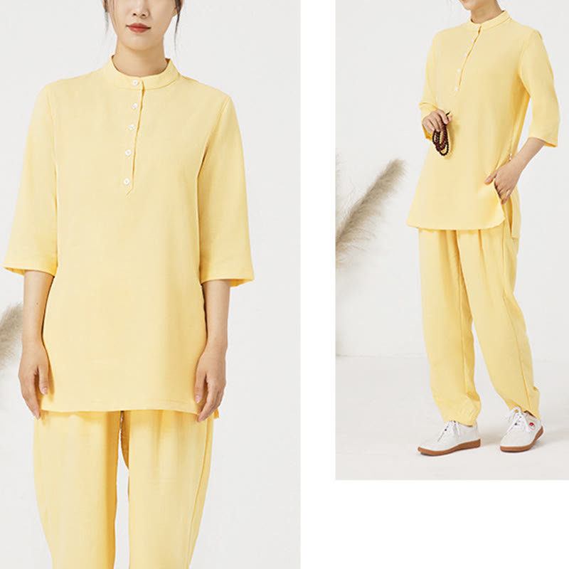 Conjunto de ropa de lino y algodón para mujer, camisa de tres cuartos de Color sólido, Top, pantalones, meditación Zen, Tai Chi, Buddha Stones.