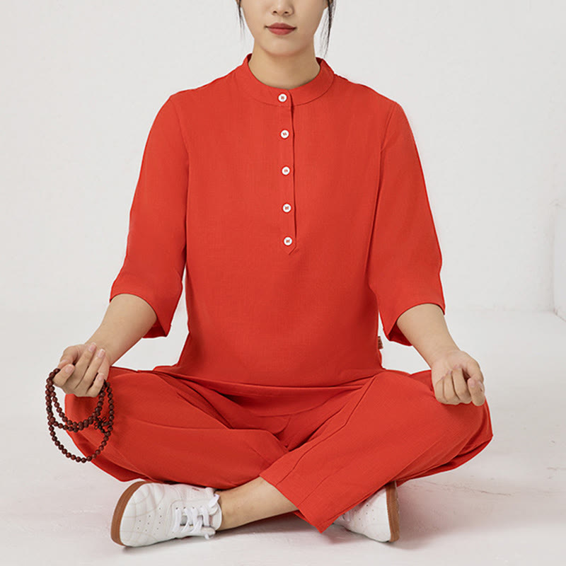 Conjunto de ropa de lino y algodón para mujer, camisa de tres cuartos de Color sólido, Top, pantalones, meditación Zen, Tai Chi, Buddha Stones.
