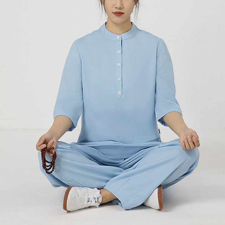 Conjunto de ropa de lino y algodón para mujer, camisa de tres cuartos de Color sólido, Top, pantalones, meditación Zen, Tai Chi, Buddha Stones.