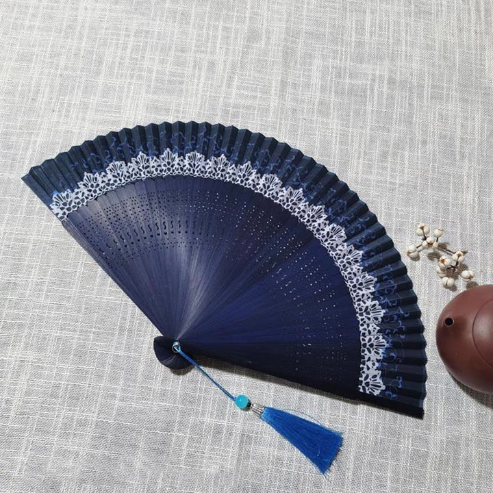 Abanico plegable de bambú de mano con grabado hueco Simple de piedras de Buddha Stones - Azul 22cm - image 9