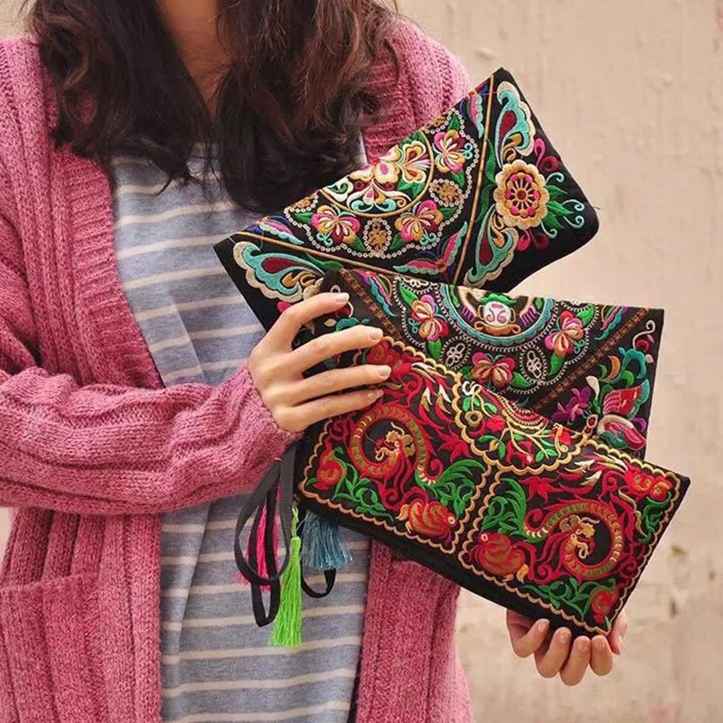 Cartera de compras con bordado de flores de Buddha Stones, dragón, mariposa, cosmos - image 1