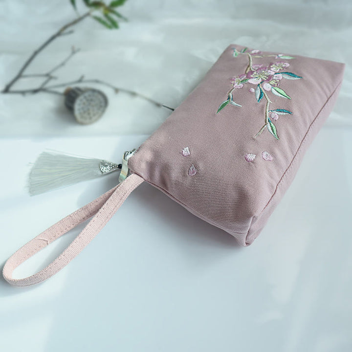 Cartera de lona Buddha Stones, flor pequeña, ciruela, cereza, grulla, flor de melocotón