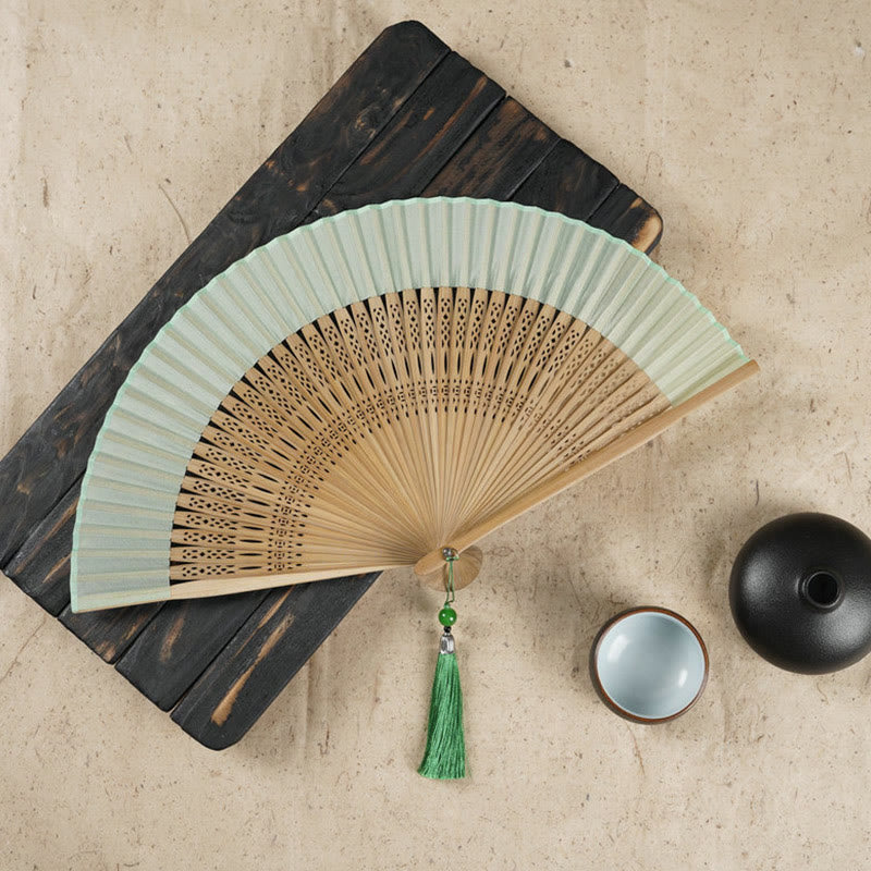 Abanico plegable de bambú de mano grabado con flor de cerezo Simple con Buddha Stones - Verde 22 cm - image 0