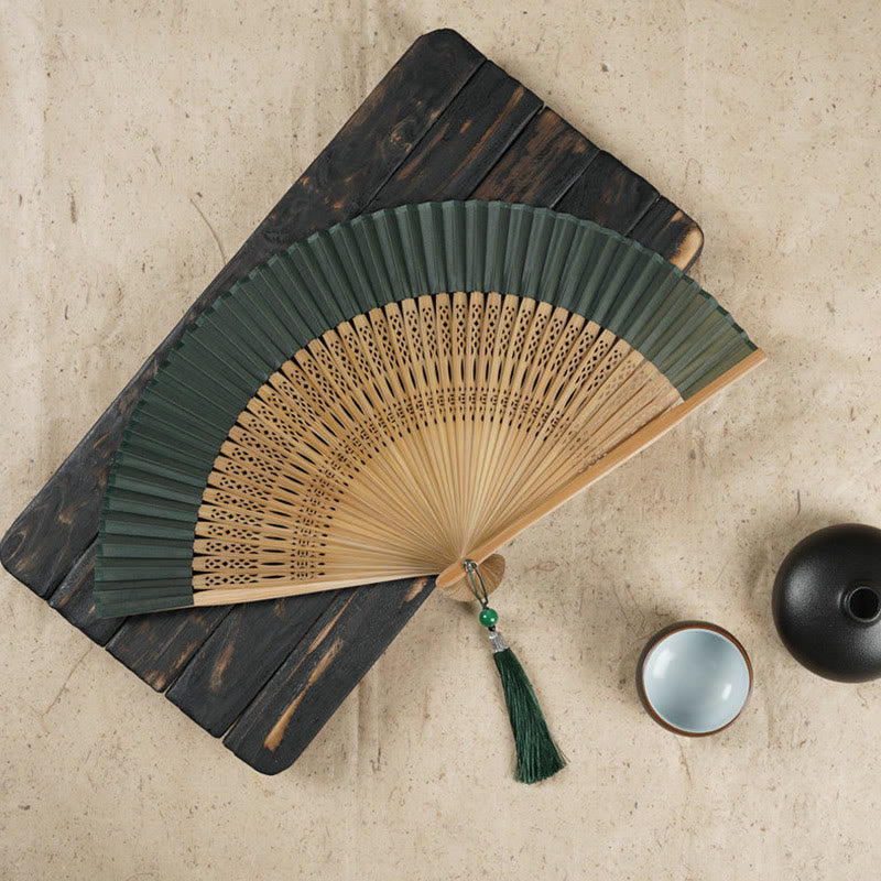 Abanico plegable de bambú de mano grabado con flor de cerezo Simple con Buddha Stones - Verde militar 22 cm - image 5