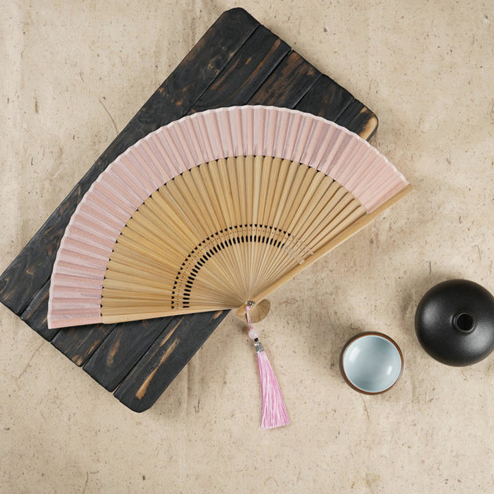 Abanico plegable de bambú de mano grabado con flor de cerezo Simple con Buddha Stones - Rosa 22 cm - image 3