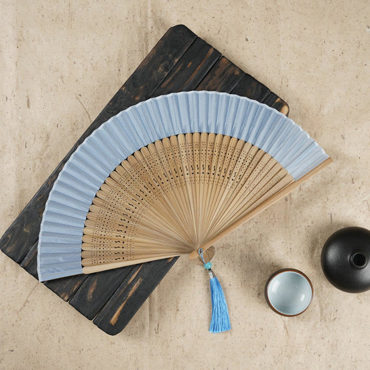 Abanico plegable de bambú de mano grabado con flor de cerezo Simple con Buddha Stones - Azul 22 cm - image 6