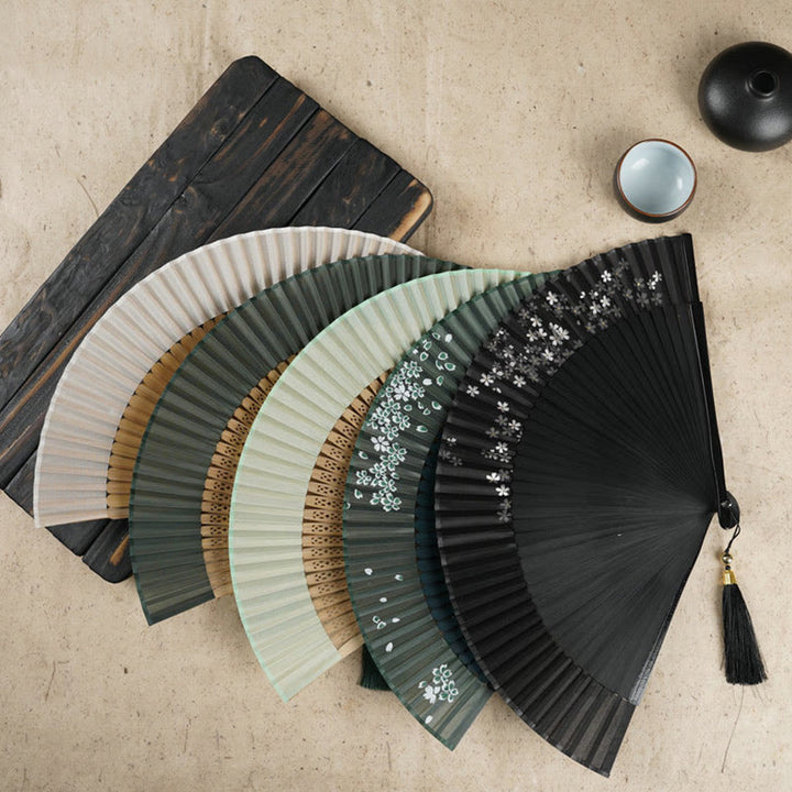 Abanico plegable de bambú de mano grabado con flor de cerezo Simple con Buddha Stones