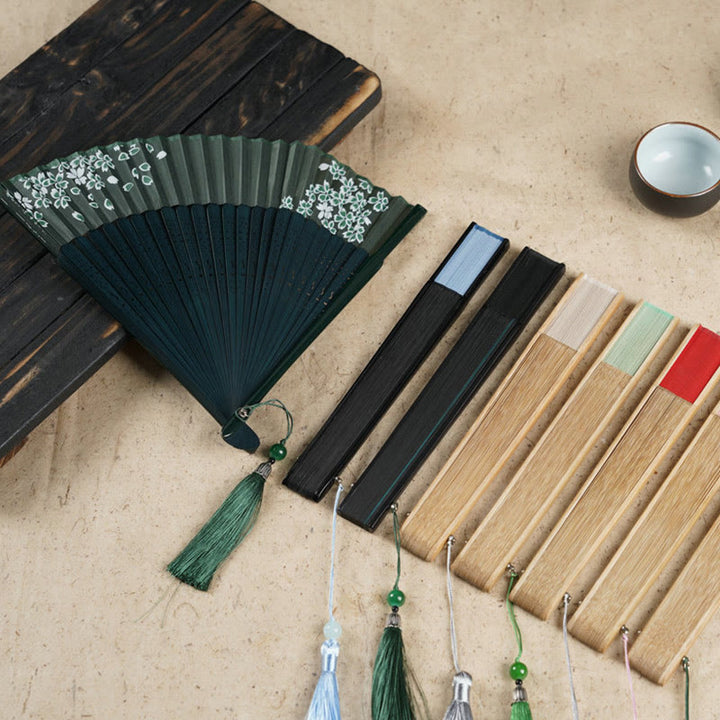 Abanico plegable de bambú de mano grabado con flor de cerezo Simple con Buddha Stones