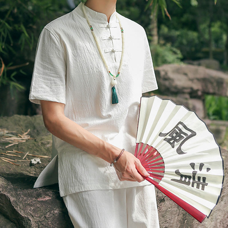 Buddha Stones 2 piezas camisa de manga corta para hombre camiseta superior pantalones meditación Zen Tai Chi conjunto de ropa de lino de algodón - Blanco (Top y pantalones) - US/UK/AU48, EU58 (6XL) - image 0