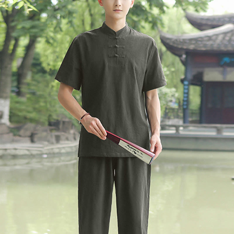 Buddha Stones 2 piezas camisa de manga corta para hombre camiseta superior pantalones meditación Zen Tai Chi conjunto de ropa de lino de algodón - Verde oscuro (solo la parte superior) - US/UK/AU48, EU58 (6XL) - image 10