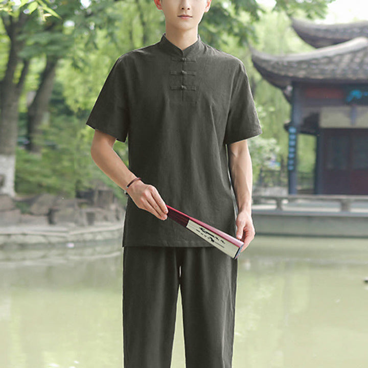 Buddha Stones 2 piezas camisa de manga corta para hombre camiseta superior pantalones meditación Zen Tai Chi conjunto de ropa de lino de algodón - Verde oscuro (solo la parte superior) - US/UK/AU48, EU58 (6XL) - image 10