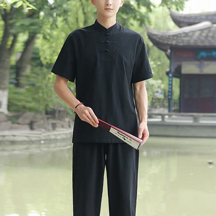 Buddha Stones 2 piezas camisa de manga corta para hombre camiseta superior pantalones meditación Zen Tai Chi conjunto de ropa de lino de algodón - Negro (Top y pantalones) - US/UK/AU48, EU58 (6XL) - image 11