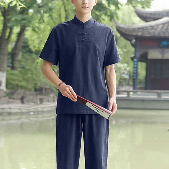 Buddha Stones 2 piezas camisa de manga corta para hombre camiseta superior pantalones meditación Zen Tai Chi conjunto de ropa de lino de algodón - Azul marino (Top y pantalones) - US/UK/AU48, EU58 (6XL) - image 2