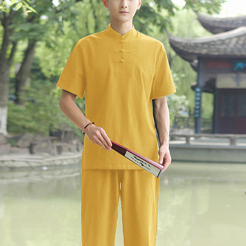 Buddha Stones 2 piezas camisa de manga corta para hombre camiseta superior pantalones meditación Zen Tai Chi conjunto de ropa de lino de algodón - Amarillo (Top y pantalones) - US/UK/AU48, EU58 (6XL) - image 4