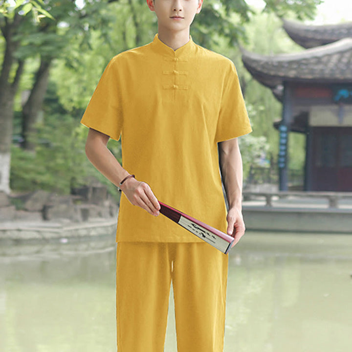 Buddha Stones 2 piezas camisa de manga corta para hombre camiseta superior pantalones meditación Zen Tai Chi conjunto de ropa de lino de algodón - Amarillo (Top y pantalones) - US/UK/AU48, EU58 (6XL) - image 4