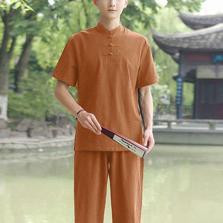 Buddha Stones 2 piezas camisa de manga corta para hombre camiseta superior pantalones meditación Zen Tai Chi conjunto de ropa de lino de algodón - Sandybrown (Top y pantalones) - US/UK/AU48, EU58 (6XL) - image 3