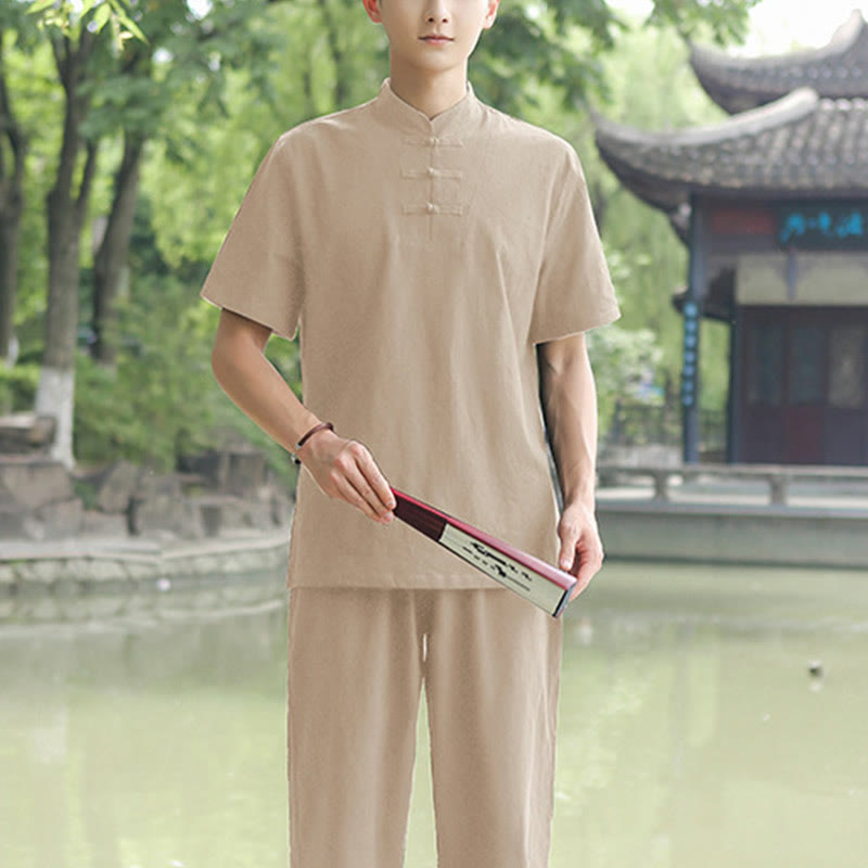 Buddha Stones 2 piezas camisa de manga corta para hombre camiseta superior pantalones meditación Zen Tai Chi conjunto de ropa de lino de algodón - Caqui (Top y pantalones) - US/UK/AU48, EU58 (6XL) - image 7