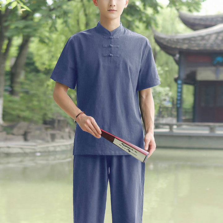 Buddha Stones 2 piezas camisa de manga corta para hombre camiseta superior pantalones meditación Zen Tai Chi conjunto de ropa de lino de algodón - Azul (Top y pantalones) - US/UK/AU48, EU58 (6XL) - image 5
