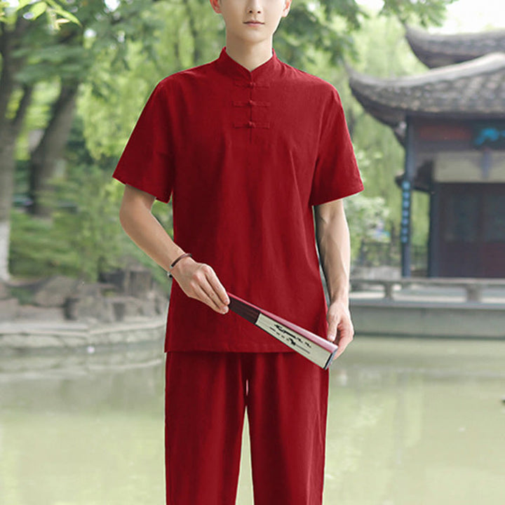 Buddha Stones 2 piezas camisa de manga corta para hombre camiseta superior pantalones meditación Zen Tai Chi conjunto de ropa de lino de algodón - Vino tinto (solo superior) - US/UK/AU48, EU58 (6XL) - image 9