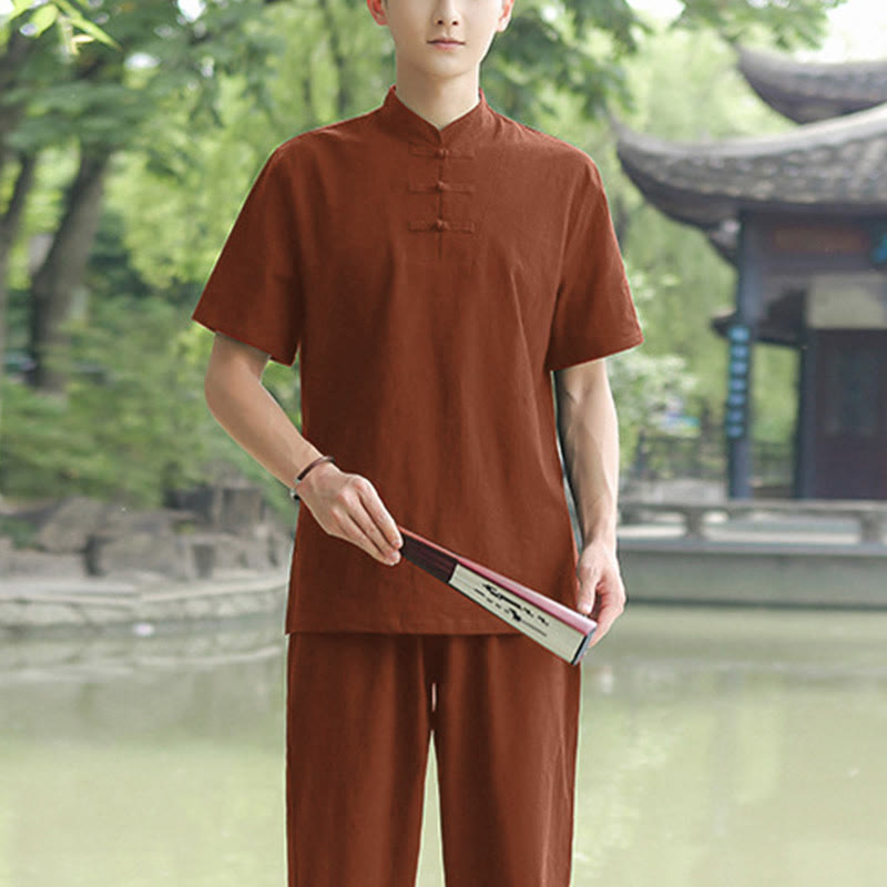 Buddha Stones 2 piezas camisa de manga corta para hombre camiseta superior pantalones meditación Zen Tai Chi conjunto de ropa de lino de algodón - Marrón (Top y pantalones) - US/UK/AU48, EU58 (6XL) - image 6