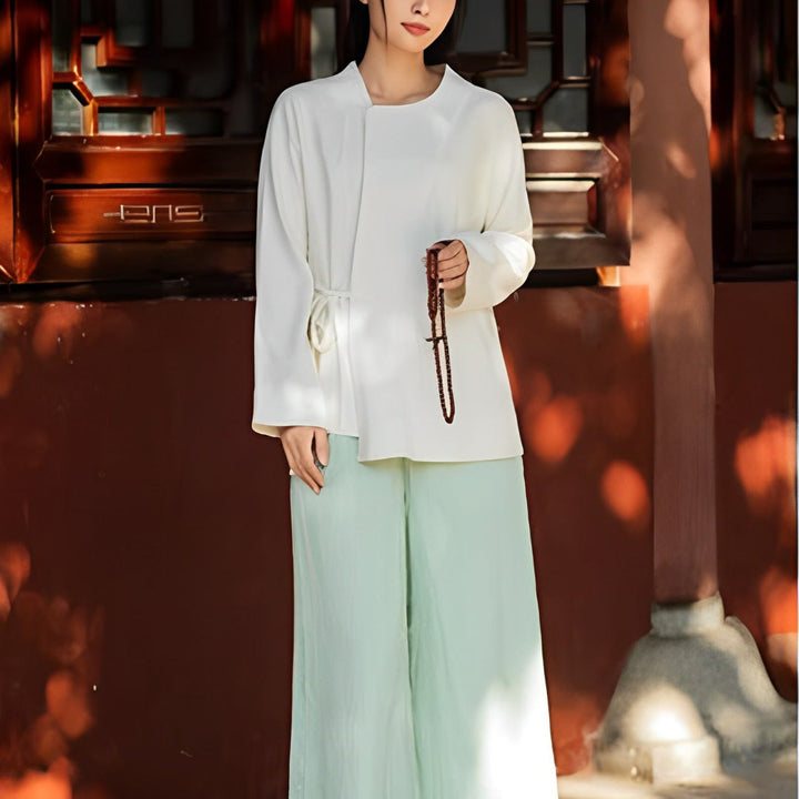 Buddha Stones Chaqueta de manga larga Camisa Top Pantalones de pierna ancha Zen Tai Chi Yoga Ropa de meditación
