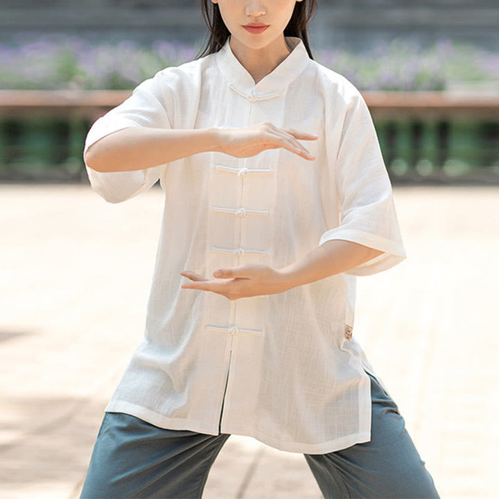 Buddha Stones Color sólido botón de rana meditación oración espiritual Zen Tai Chi Qigong práctica conjunto de ropa Unisex - Mujer - Solo blusa blanca - 2XL - image 0