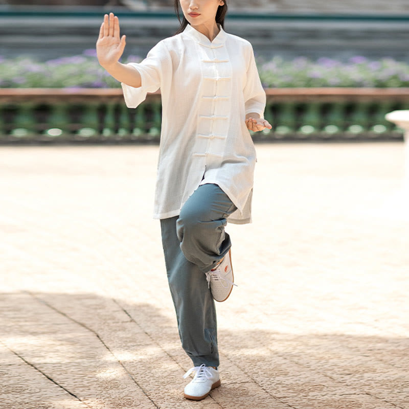 Buddha Stones Color sólido botón de rana meditación oración espiritual Zen Tai Chi Qigong práctica conjunto de ropa Unisex - Mujer - Top blanco y pantalones gris azulados - 2XL - image 3