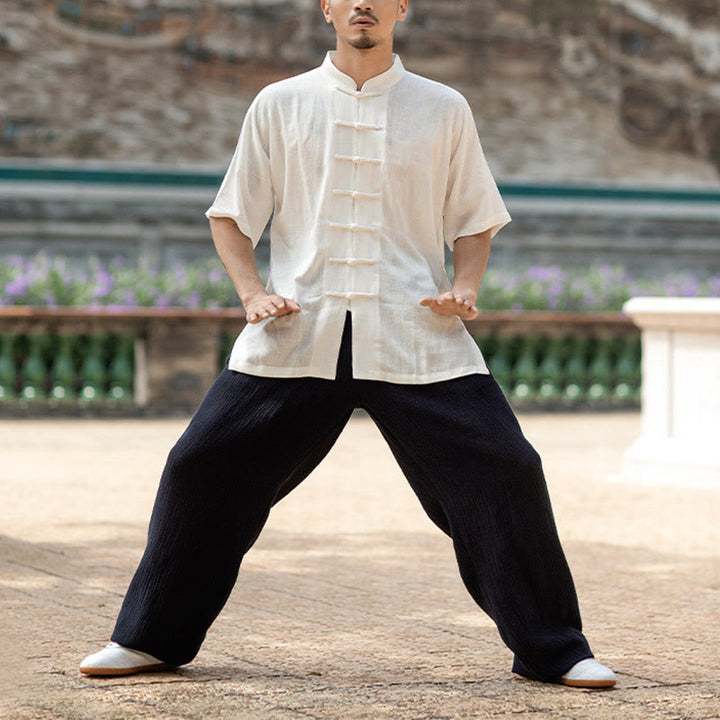 Buddha Stones Color sólido botón de rana meditación oración espiritual Zen Tai Chi Qigong práctica conjunto de ropa Unisex - Camisa blanca y pantalones negros para hombre - 2XL - image 9