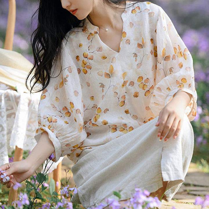 Camiseta holgada con manga farol y estampado de hojas de frutas y Buddha Stones - image 11