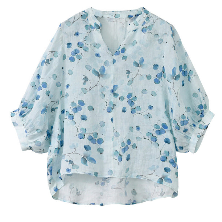 Camiseta holgada con manga farol y estampado de hojas de frutas y Buddha Stones - image 8