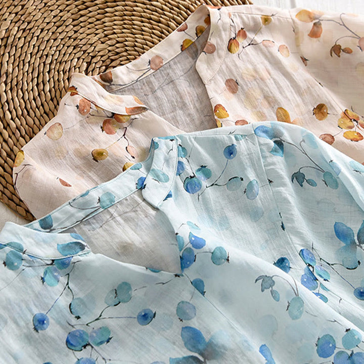 Camiseta holgada con manga farol y estampado de hojas de frutas y Buddha Stones - image 17