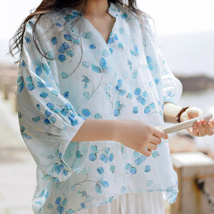 Camiseta holgada con manga farol y estampado de hojas de frutas y Buddha Stones - image 3