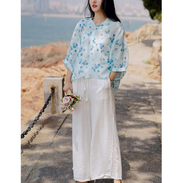 Camiseta holgada con manga farol y estampado de hojas de frutas y Buddha Stones - image 7