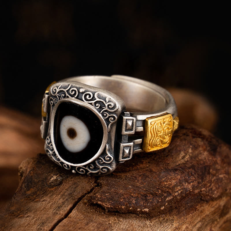 Anillo de protección de cuentas Dzi con diseño de diosa de la riqueza Zakiram de plata de ley 925 con Buddha Stones - Circunferencia: 7 cm (ajustable) - image 0