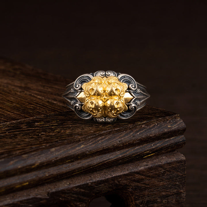 Anillo ajustable con protección de calavera tibetana de plata de ley 925 con Buddha Stones - Circunferencia: 7,2 cm (ajustable) - image 0