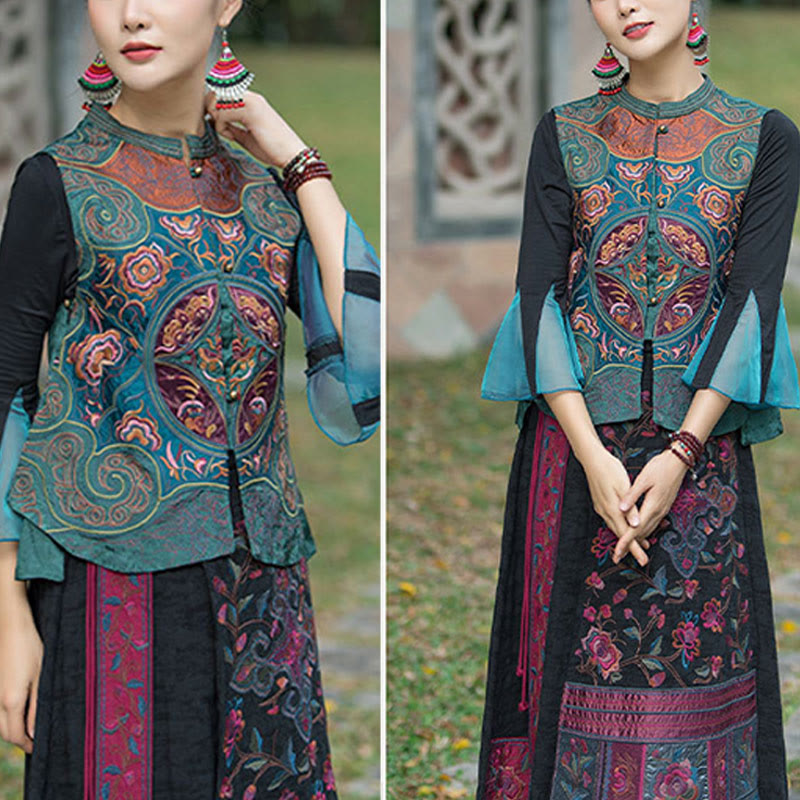 Chaleco sin mangas con diseño de traje Tang de flores con bordado de estilo vintage de Buddha Stones - image 6