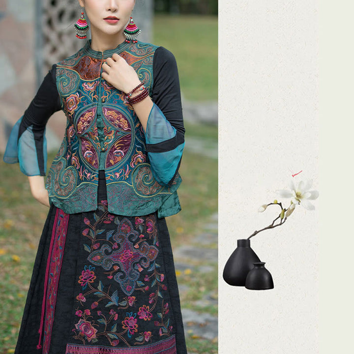 Chaleco sin mangas con diseño de traje Tang de flores con bordado de estilo vintage de Buddha Stones - image 7