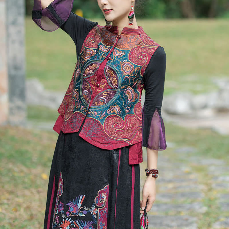 Chaleco sin mangas con diseño de traje Tang de flores con bordado de estilo vintage de Buddha Stones - Rojo (solo chaleco) - 2XL(Busto 100cm/Hombro 40cm/Largo 59cm) - image 17