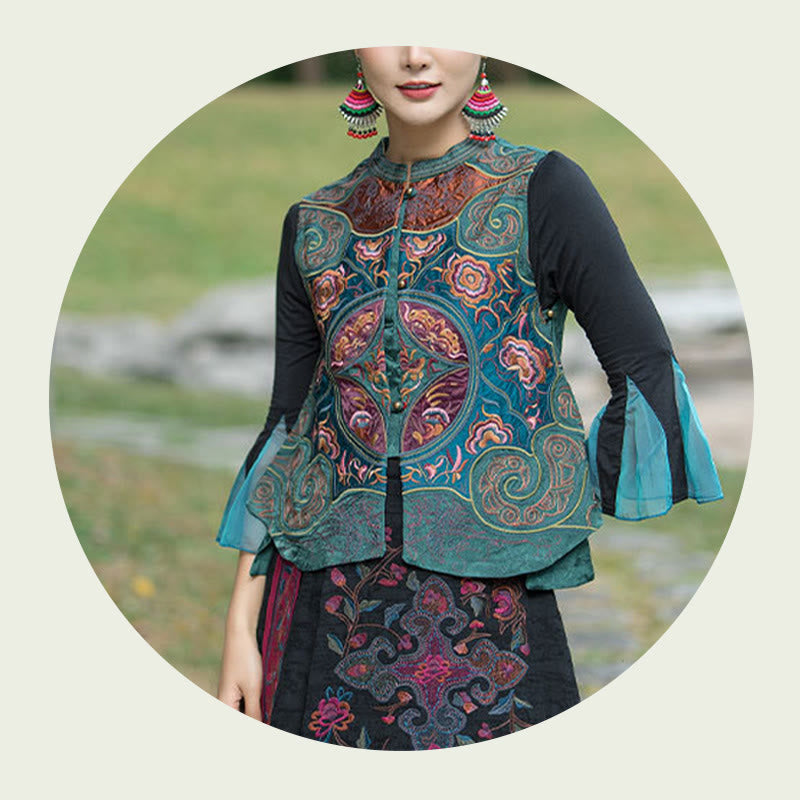 Chaleco sin mangas con diseño de traje Tang de flores con bordado de estilo vintage de Buddha Stones - image 8