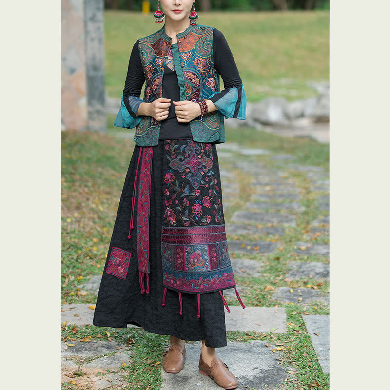 Chaleco sin mangas con diseño de traje Tang de flores con bordado de estilo vintage de Buddha Stones - image 4