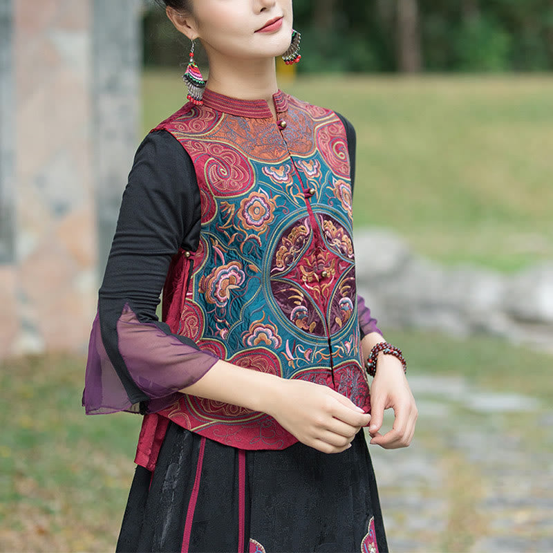 Chaleco sin mangas con diseño de traje Tang de flores con bordado de estilo vintage de Buddha Stones - image 18