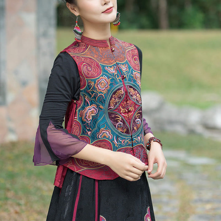 Chaleco sin mangas con diseño de traje Tang de flores con bordado de estilo vintage de Buddha Stones - image 18