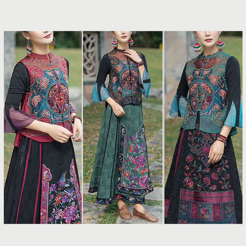 Chaleco sin mangas con diseño de traje Tang de flores con bordado de estilo vintage de Buddha Stones - image 29