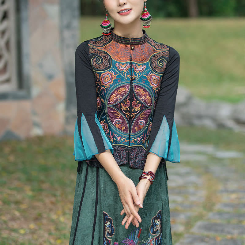 Chaleco sin mangas con diseño de traje Tang de flores con bordado de estilo vintage de Buddha Stones - Negro (solo chaleco) - 2XL(Busto 100cm/Hombro 40cm/Largo 59cm) - image 9