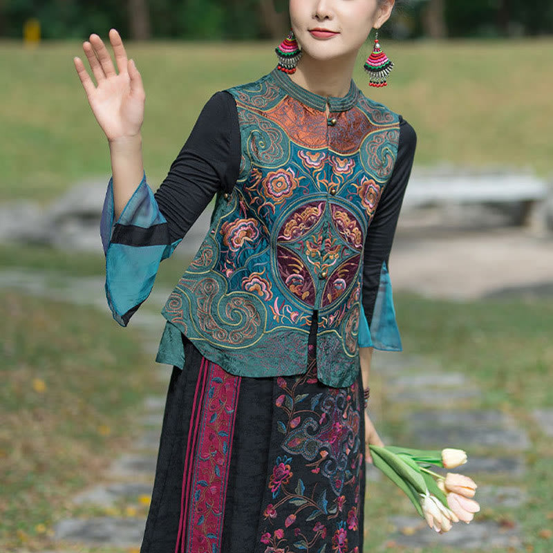 Chaleco sin mangas con diseño de traje Tang de flores con bordado de estilo vintage de Buddha Stones - image 5