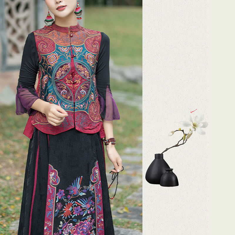 Chaleco sin mangas con diseño de traje Tang de flores con bordado de estilo vintage de Buddha Stones - image 27