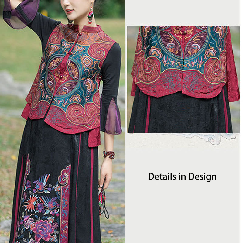 Chaleco sin mangas con diseño de traje Tang de flores con bordado de estilo vintage de Buddha Stones - image 26