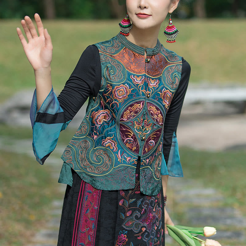 Chaleco sin mangas con diseño de traje Tang de flores con bordado de estilo vintage de Buddha Stones - image 1