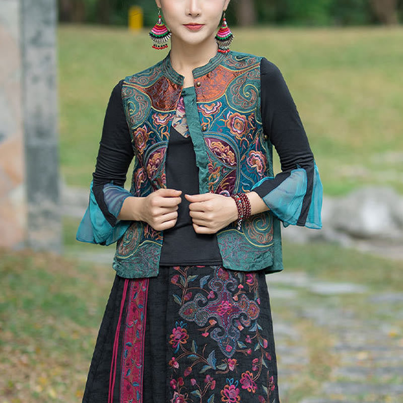 Chaleco sin mangas con diseño de traje Tang de flores con bordado de estilo vintage de Buddha Stones - Verde (solo chaleco) - 2XL(busto 100cm/hombro 40cm/largo 59cm) - image 0