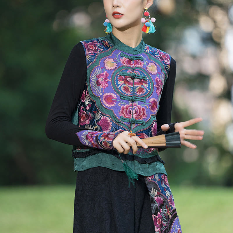 Chaleco sin mangas con diseño de traje Tang de lino y algodón con bordado de botones de rana y piedras de Buddha Stones - US8-10，UK/AU12-14，EU40-42 (2XL)- (Solo chaleco) - image 0